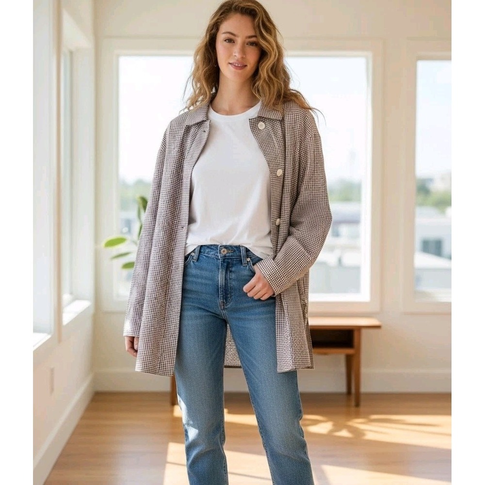 New Free People Shaket S Jacket Gingham Brown White Arlo Cotton NWT Shirt Top